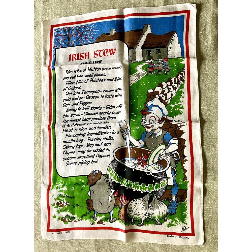 Nelson Pure Linen Tea Towel Irish Stew  Leprechaun Anthropomorphic Potato Onion